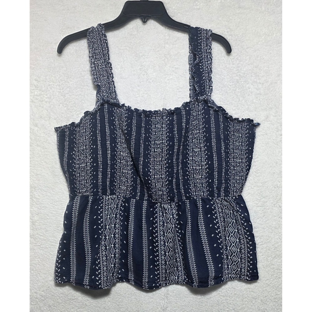 Old Navy Women's XL Navy Blue White Tribal Smocked Peplum Tank Top Ruffle Strap